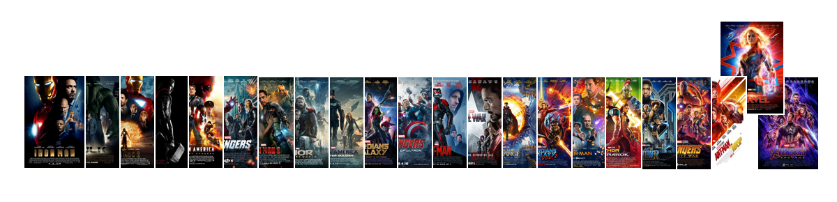 All the Marvel movies lined up, with Captain Marvel highlighted.