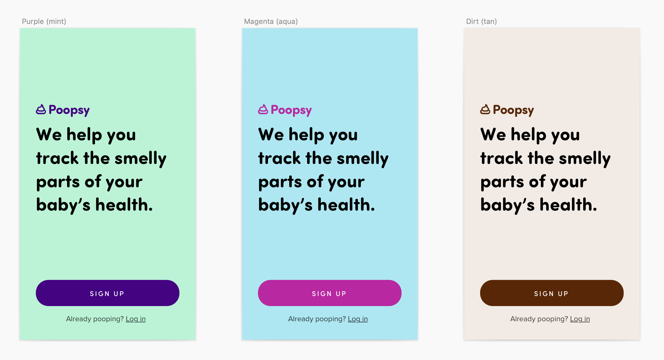 Thre mock-ups of the Poopsy app, each with a different color scheme
