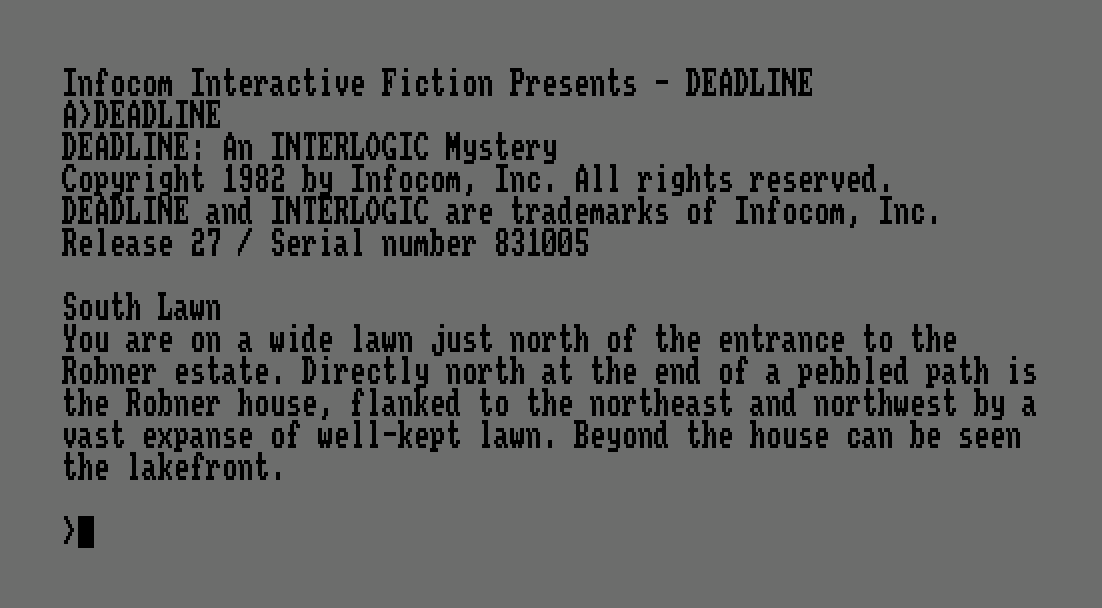 The opening screen from Infocom's Deadline, outlining the beginning of the adventure.