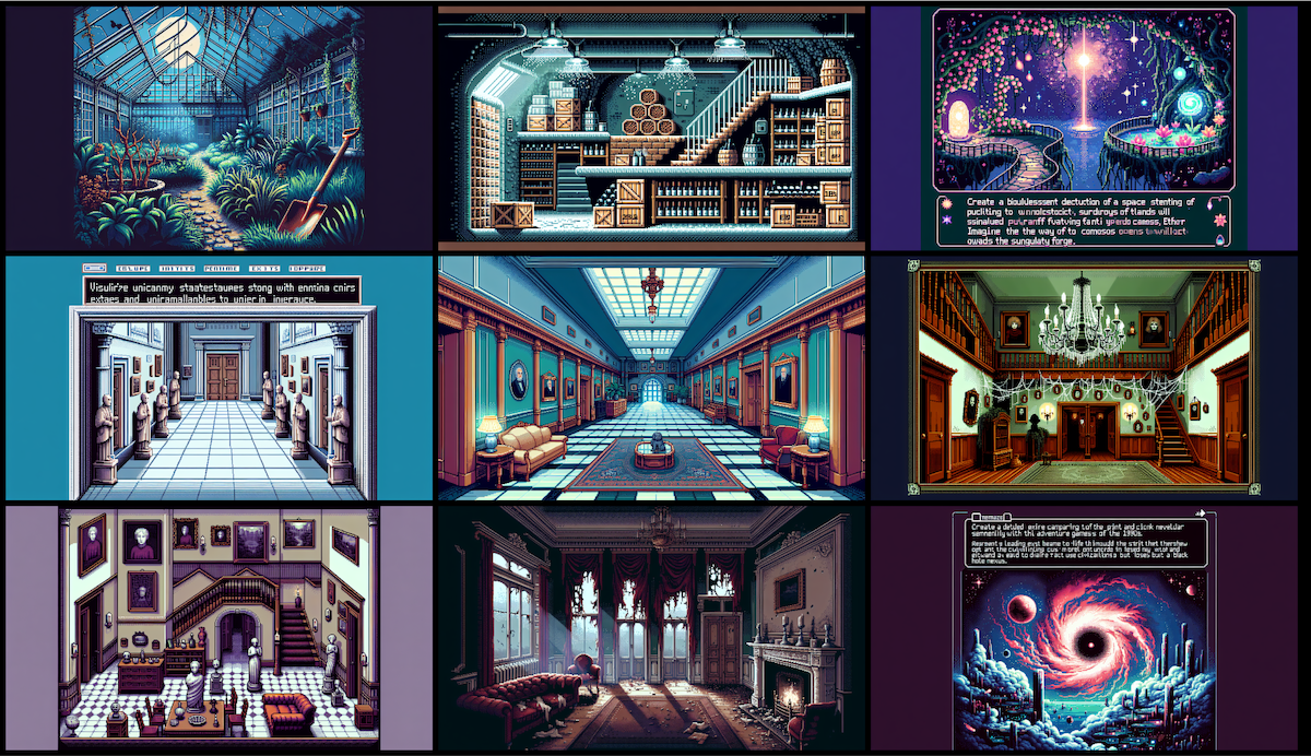 A three-by-three-grid of different pixel art scenes.