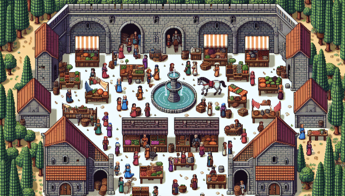 A bustling pixel-art marketplace.