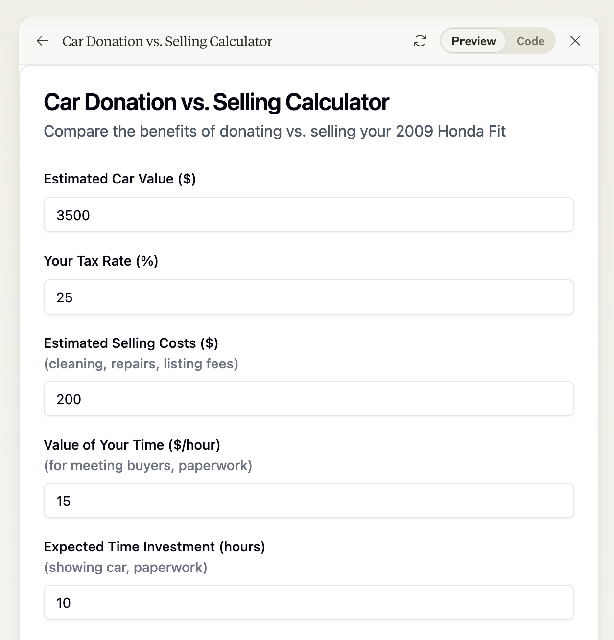 Generated tool asking Andrew how much his car is worth, how many hours he'd spend selling it, etc.