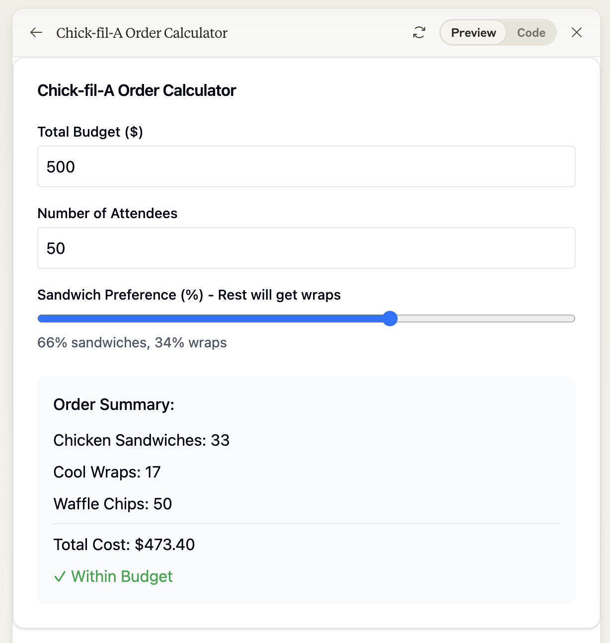 A tool asking people's relative preference for chicken sandwiches vs. wraps, number of attendees, etc