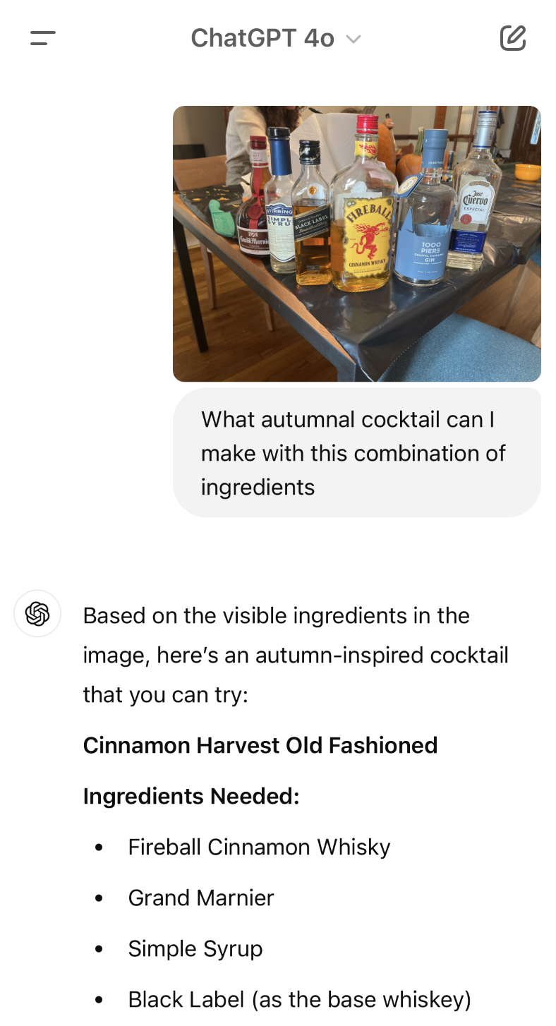 A ChatGPT conversation with a photo of a bunch of liquor bottles and a resulting recipe.