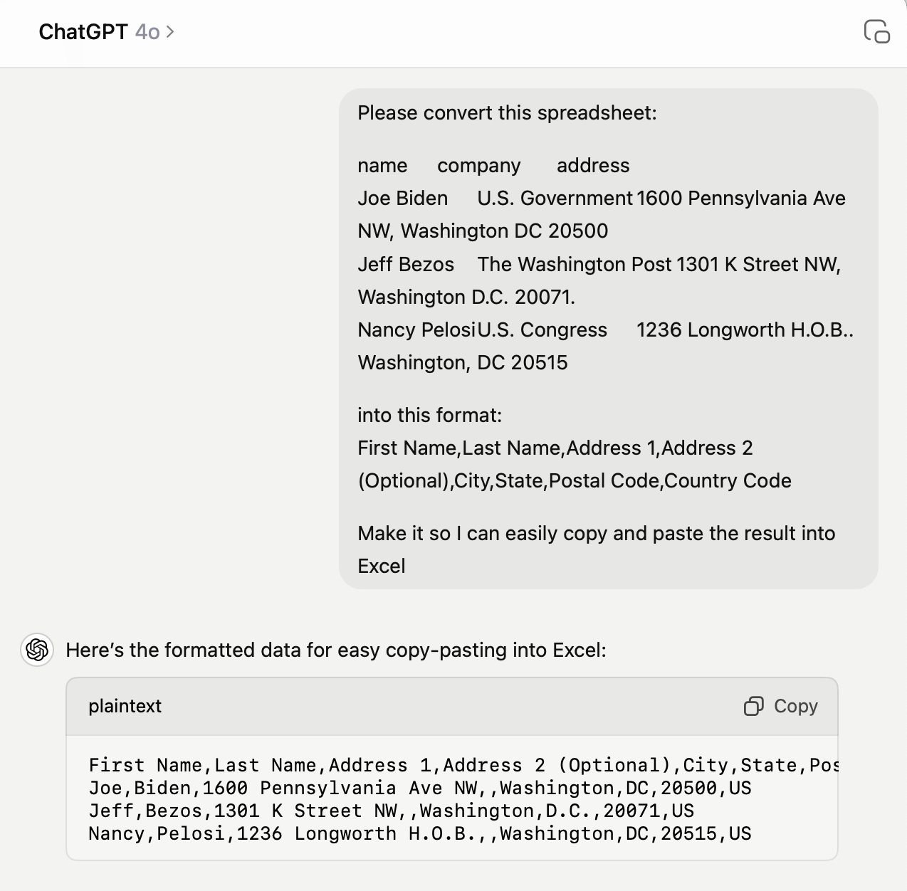 Andrew requests ChatGPT reformat some data, and it complies.