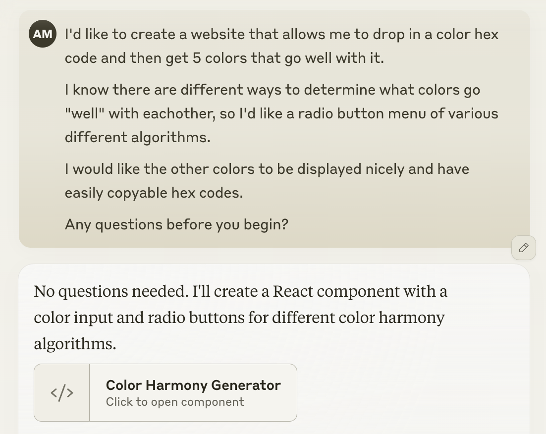 Andrew: 'I'd like to create a website that allows me to drop in a color hex code and then get 5 colors that go well with it.'